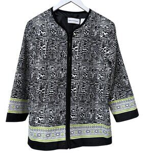 Alfred Dunner Womens Jacket Size 10 Black Print Cotton Blend Zip Front Blazer